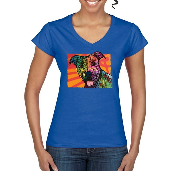 Cute Smiling Neon Pitbull Dog Breed Dog Lover Women’s Standard V-Neck Tee, Royal, Large