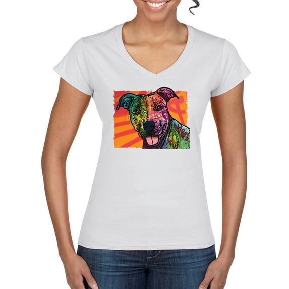 Cute Smiling Neon Pitbull Dog Breed Dog Lover Women’s Standard V-Neck Tee, White, 2XL