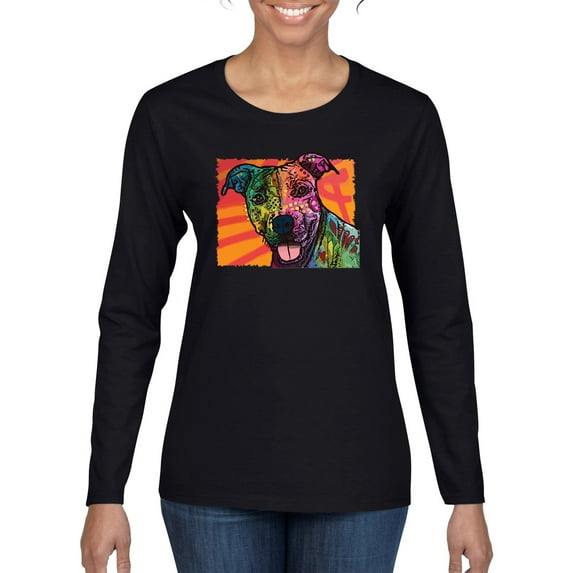 Cute Smiling Neon Pitbull Dog Breed Dog Lover Womens Graphic Long Sleeve T-Shirt, Black, Medium