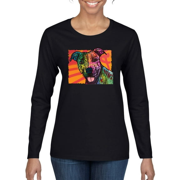Cute Smiling Neon Pitbull Dog Breed Dog Lover Womens Graphic Long Sleeve T-Shirt, Black, Small
