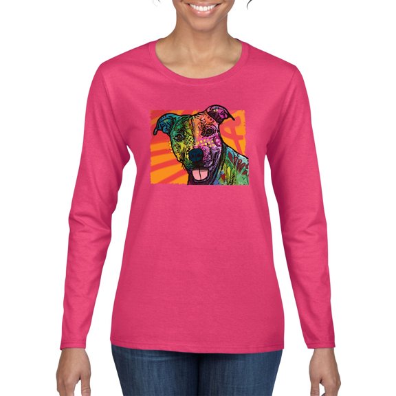 Cute Smiling Neon Pitbull Dog Breed Dog Lover Womens Graphic Long Sleeve T-Shirt, Fuschia, 2XL
