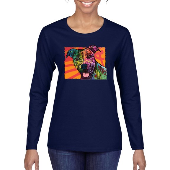 Cute Smiling Neon Pitbull Dog Breed Dog Lover Womens Graphic Long Sleeve T-Shirt, Navy, Large