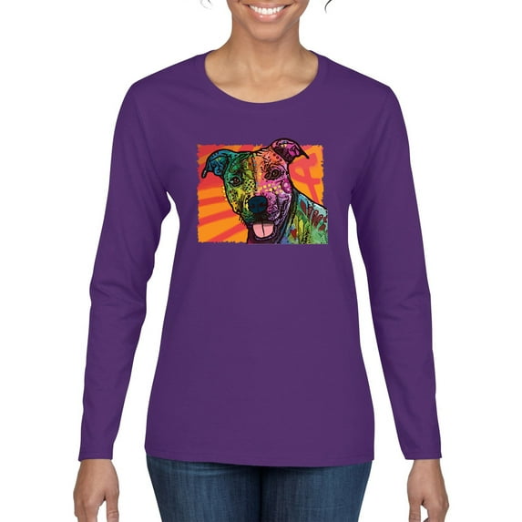 Cute Smiling Neon Pitbull Dog Breed Dog Lover Womens Graphic Long Sleeve T-Shirt, Purple, X-Large
