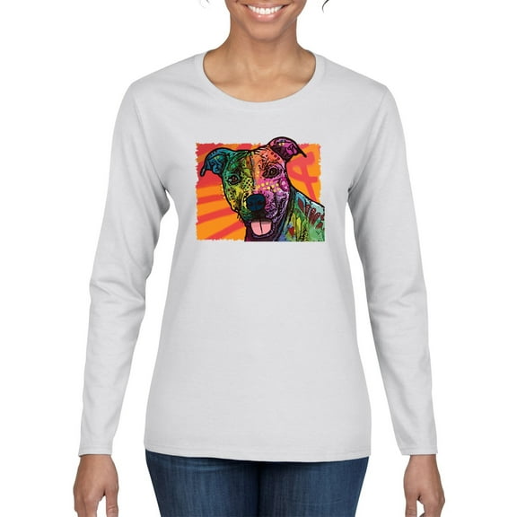 Cute Smiling Neon Pitbull Dog Breed Dog Lover Womens Graphic Long Sleeve T-Shirt, White, 2XL