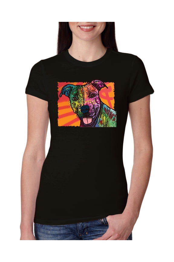 Cute Smiling Neon Pitbull Dog Breed Dog Lover Womens Slim Fit Junior Tee, Black, Medium
