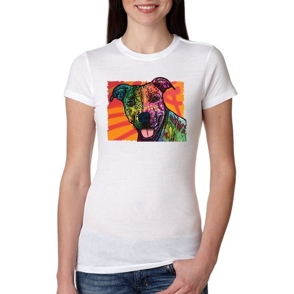 Cute Smiling Neon Pitbull Dog Breed Dog Lover Womens Slim Fit Junior Tee, White, Small