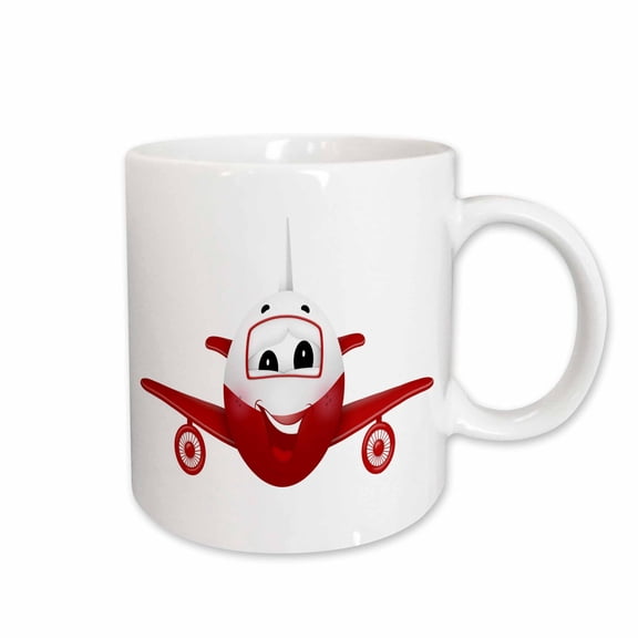 3drose, Cute Smiling Red and White Airplane Jet Illustration, 11oz Mug
