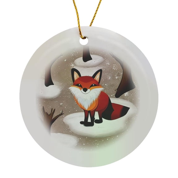 3drose, Cute Smiling Red Fox in the Winter Forest. Brown Trees. Digital Art, Circle Porcelain Ornament