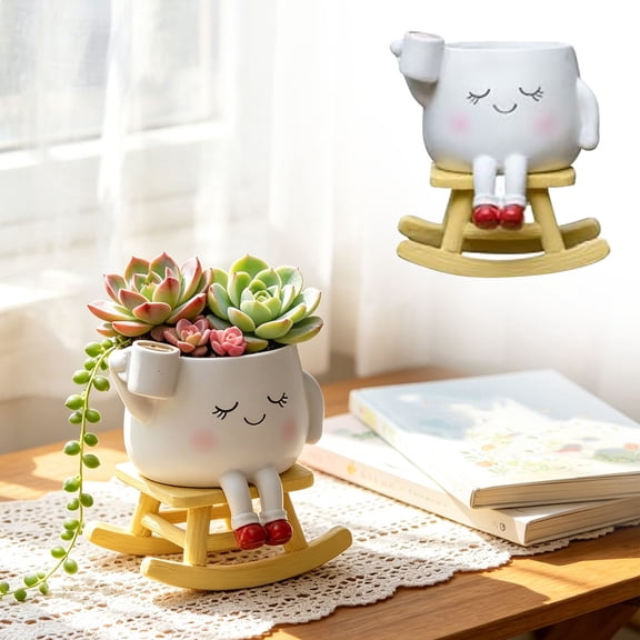 Cute Smiling Rocking Chair Planter Resin Pot, Desktop Succulent Holder for Home Balcony Garden Decor, Wobbling Base Adds Fun, Weatherproof UV Resistant Lightweight