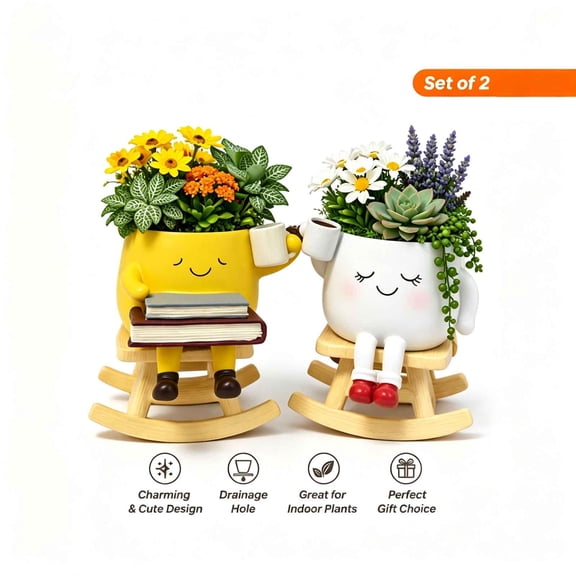 Cute Smiling Rocking Chair Resin Planter Pot Desktop Decor For Home Balcony Garden Yellow White 2 Pack