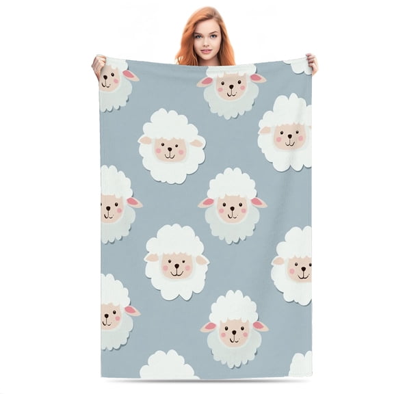 Cute Smiling Sheep Faces Lightweight Flannel Printed Blanket - Ultra Soft & Warm, All-Season Cozy Plush for Couch, Bed, Office, Camping Nap - Perfect Decorative Gift