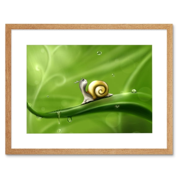 Cute Snail Rain Art Print Black Framed Poster Wall Decor 9x7 inch