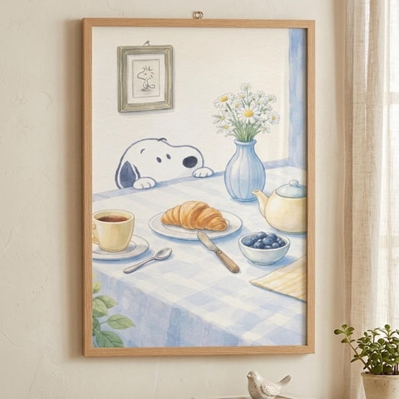 Cute Snoopy Breakfast Poster – Cozy Morning Kitchen Cartoon Wall Art Coffee Croissant Decor 8x12 UNFRAMED