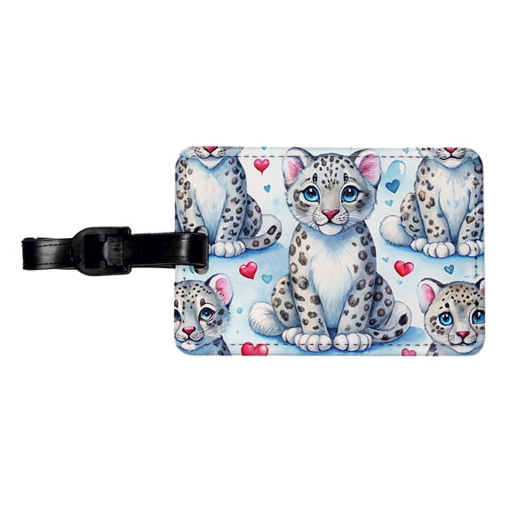 Cute Snow Leopard Hearts Watercolor Faux Leather Travel Luggage Tag