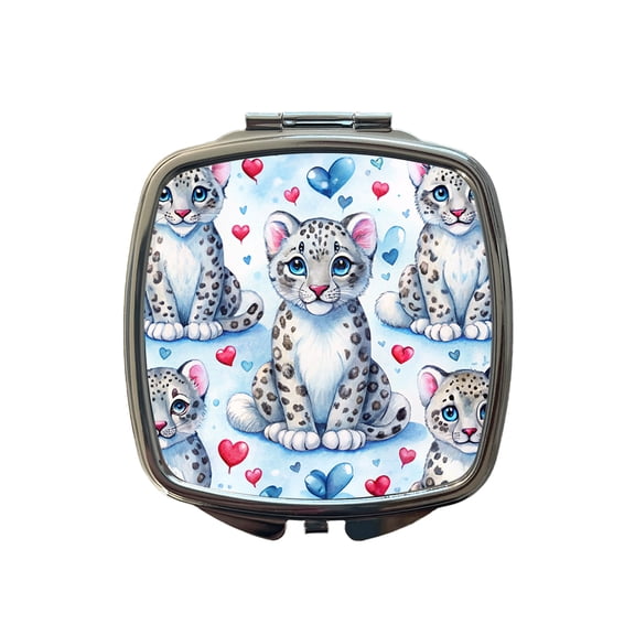 Cute Snow Leopard Hearts Watercolor Travel Makeup Handbag Purse Small Pocket Compact Mirror