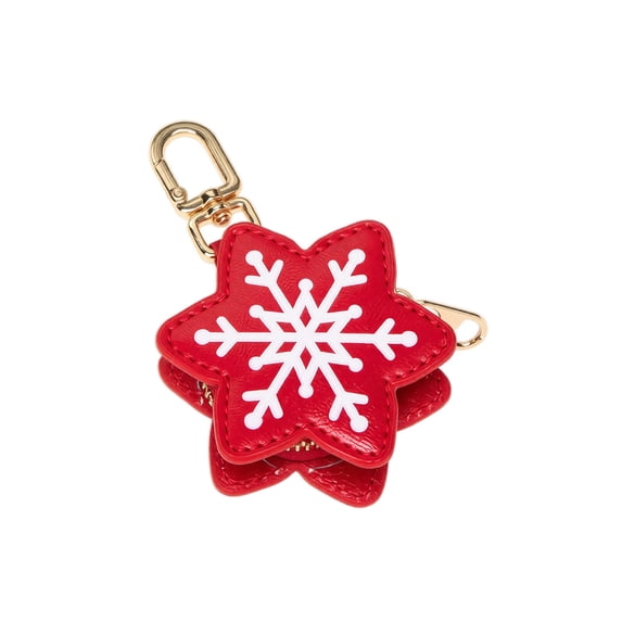 Cute Snowflake Keychain Coin Purse, Red PU Leather Mini Wallet with Zipper & Clip, Christmas Themed Bag Accessory for Women Girls