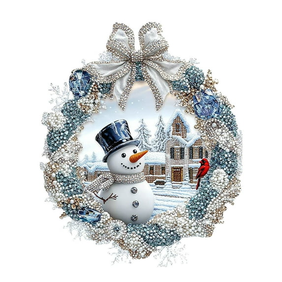 Cute Snowman Acrylic Pendant, Blue White Wreath, Xmas Tree Accessories, Glitter Christmas Ornament for Tree Hanging Ornament with Bows & Pearl, Round Decoration for Home