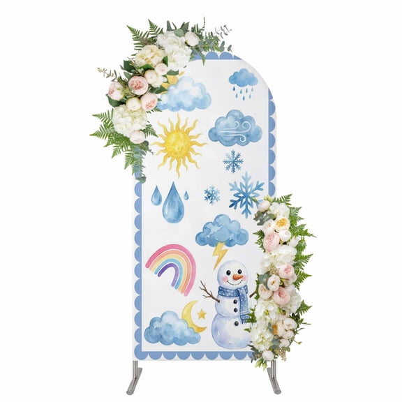 Cute Snowman Arch Backdrop Cover 4FT, Blue Weather Snowy Rainy Sun Rainbow Spandex Fitted Stretchy Arch Stand Covers, Round Top Chiara Backdrop Cover for Wedding Party Birthday Baby Shower