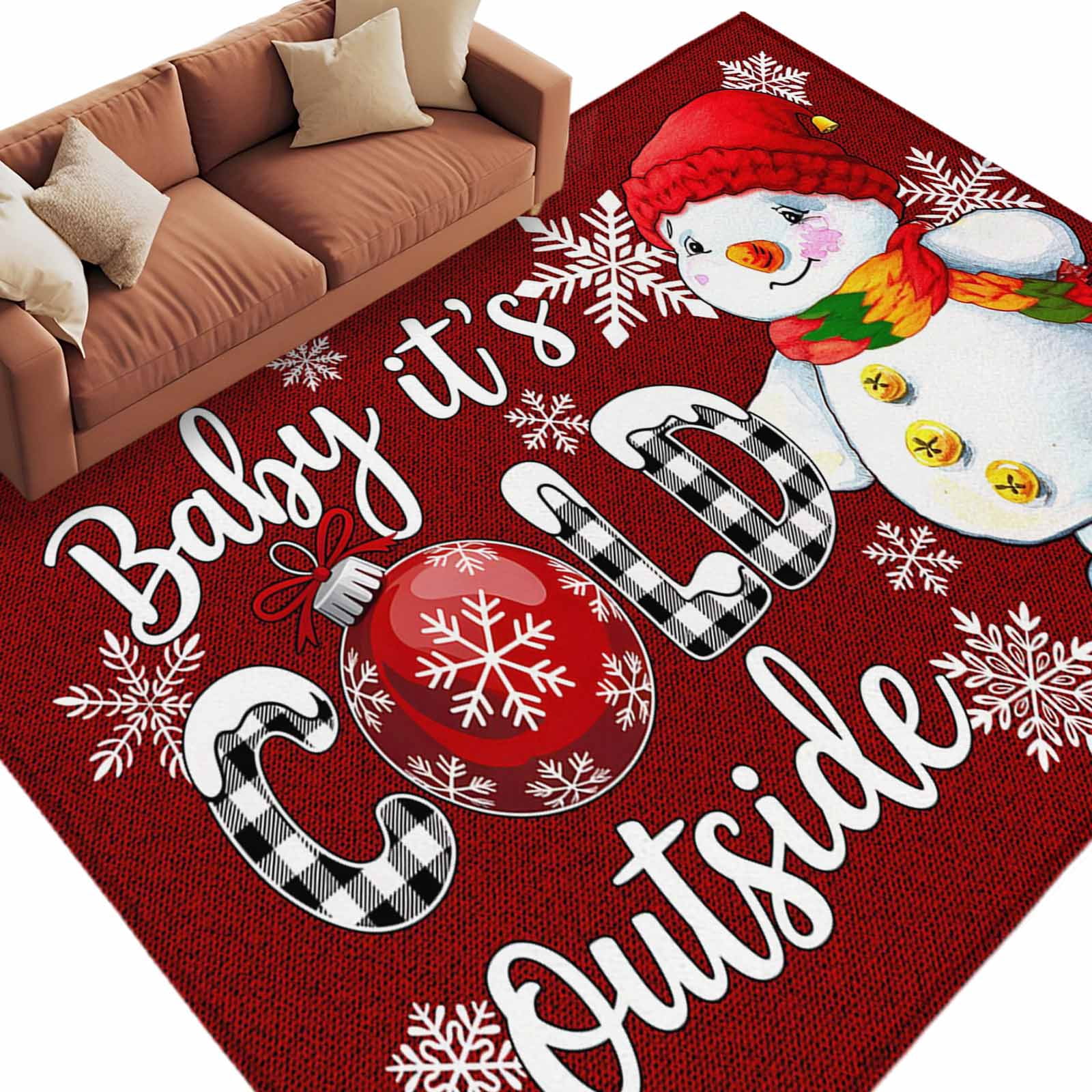 Cold Town Rug Cute Snowman Area Rug 5x7ft It's Cold outside Snowflake Winter Red Non ...