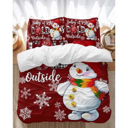 Cute Snowman Bedding Duvet Cover Set Twin Size 4 Pieces Baby It's Cold outside Snowflake Winter Red Bedding Set with Zipper Closure, 1 Comforter Cover 68x86 Inches 1 Flat Sheet & 2 Pillow Cases