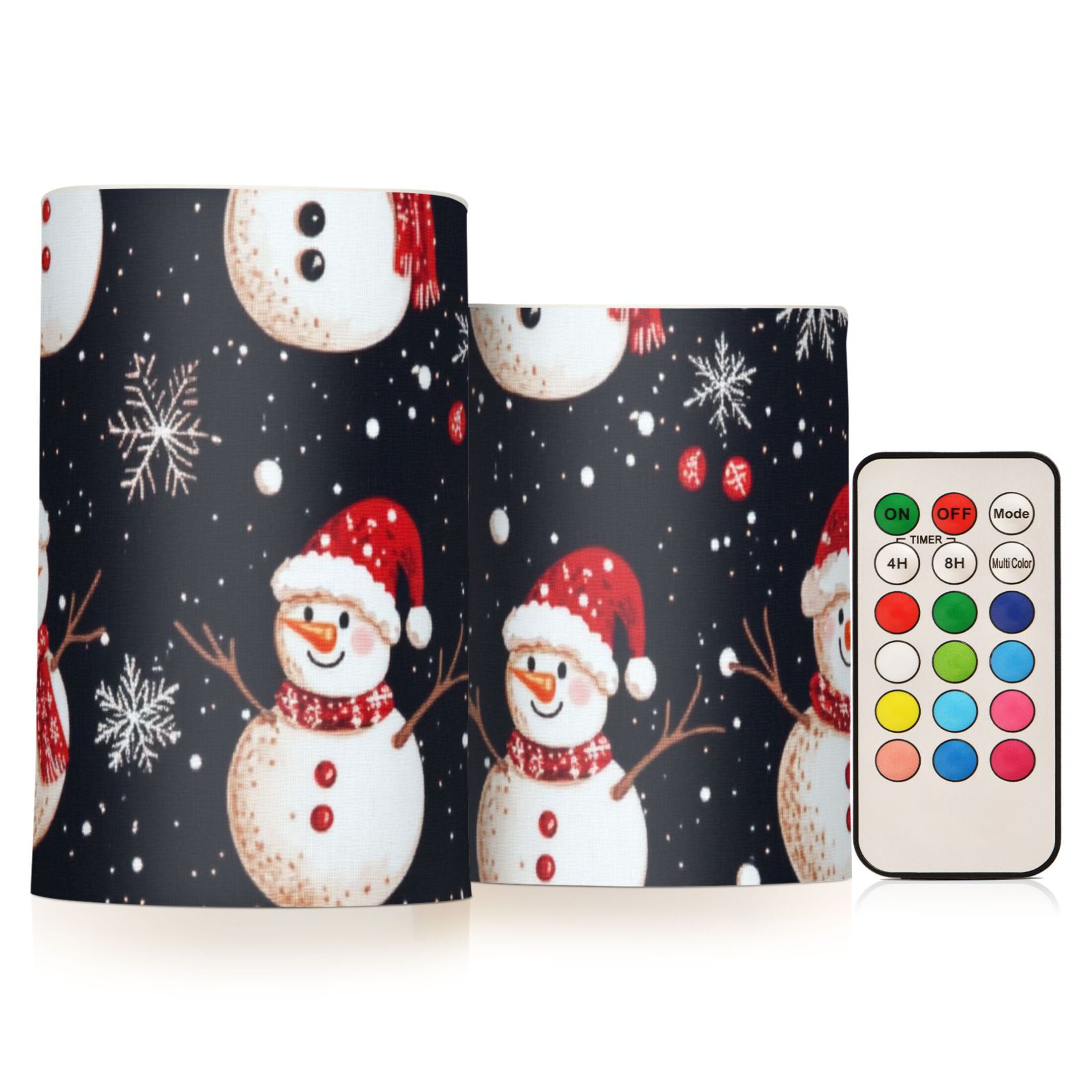 Cute Snowman Black Background Flickering Flameless Candles Battery Operated with Remote Timer LED Pillar Candles Set of 2