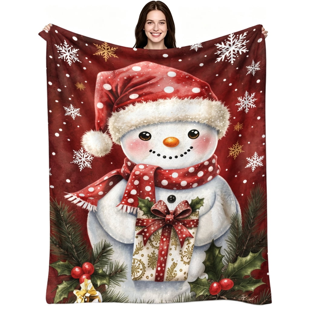 Cute Snowman Christmas Pattern Flannel Blanket, Soft Warm Cozy Fleece ...