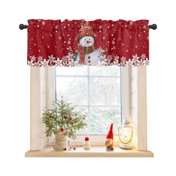 Cute Snowman Christmas Snowflakes on Red Window Valances for Kitchen,Rod Pocket Valance Privacy Small Curtain,Winter White Snow Seamless Window Treatment Drapes for Bedroom Laundry Room 42x18in