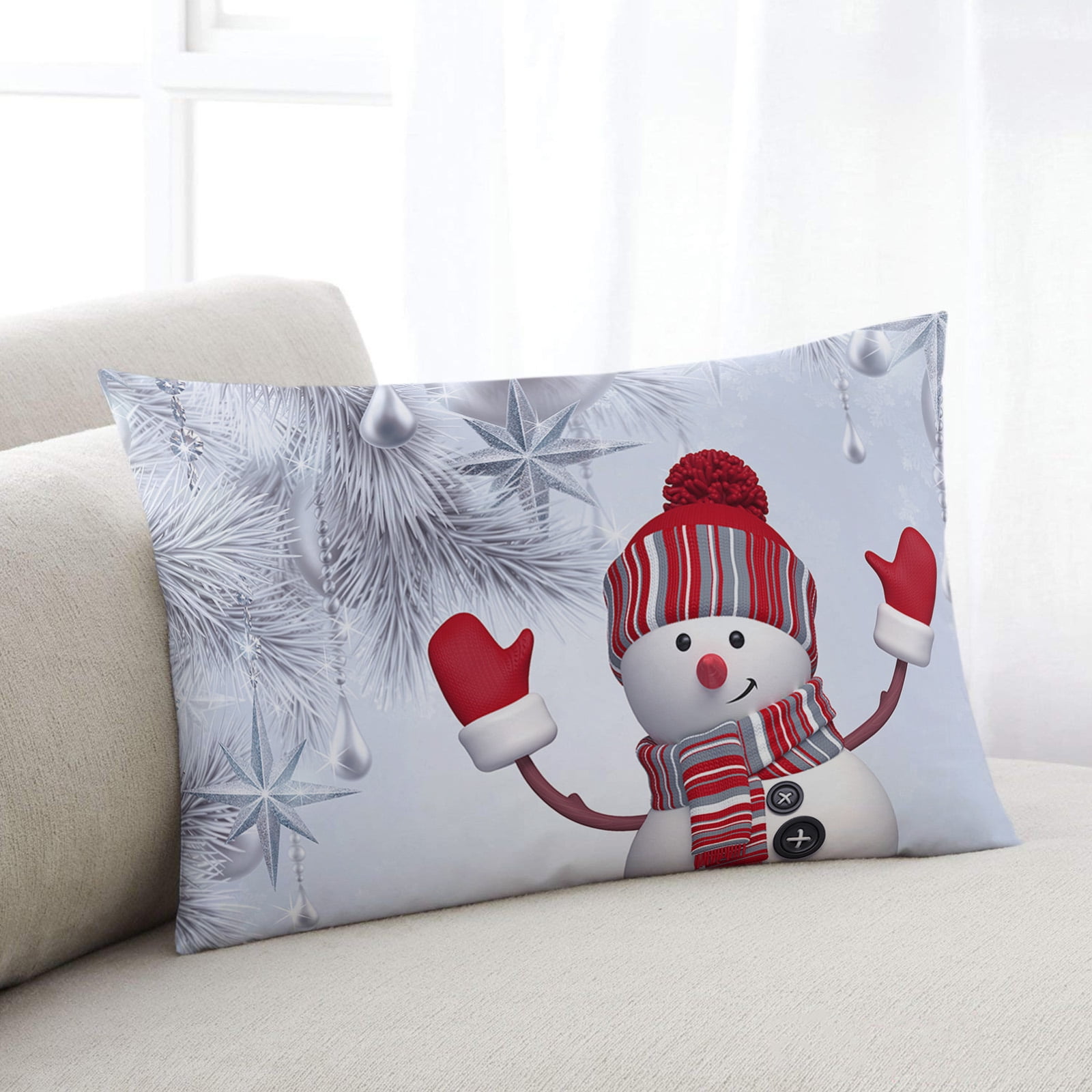 Cute Snowman Christmas Throw Pillow Cover,Pine Leaf Xmas Ball