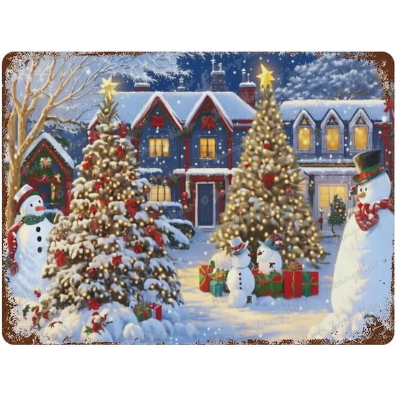 Cute Snowman, Christmas Tree, Cabin, Chic Shabby Tin Sign, Country Style, Rustic Farmhouse Sign For Bedroom Living Room Kitchen Man Cave Wall Decor, Yard Sign 12x16 inches