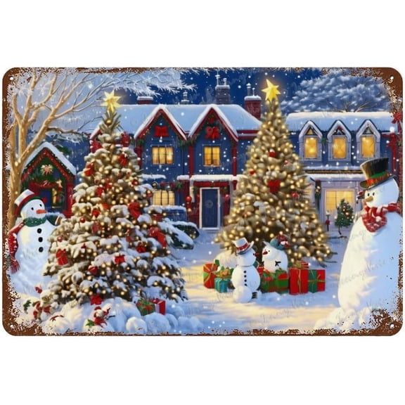 Cute Snowman, Christmas Tree, Cabin, Chic Shabby Tin Sign, Country Style, Rustic Farmhouse Sign For Bedroom Living Room Kitchen Man Cave Wall Decor, Yard Sign 12x8 inches