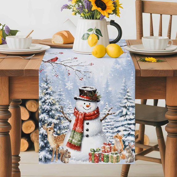 Cute Snowman Christmas Tree Table Runner 36 Inches Long, Winter Snow Reindeer Cardinal Table Runners Tabletop Scarf Kitchen Dining Tables Decoration for Home Party Indoor Outdoor