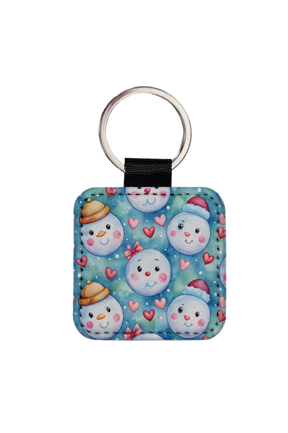 Cute Snowman Faces Hearts Winter Faux Leather Square Keychain