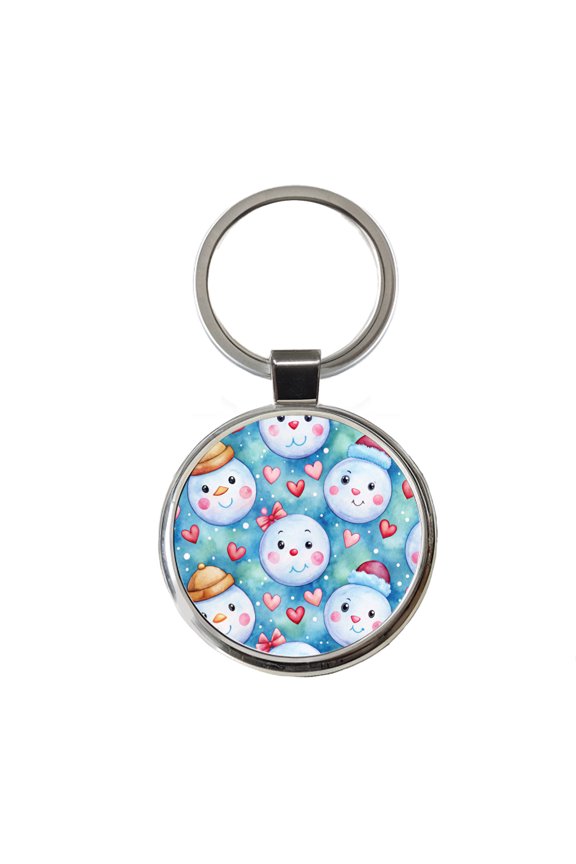Cute Snowman Faces Hearts Winter Metal Round Keychain