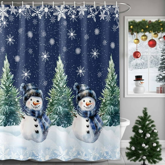 Shower Curtains Sets for Bathroom Decor Cute Snowman Green Christmas Tree Waterproof Bathroom Curtain with Hooks, Winter Snowflakes on Dark Blue for Bathroom Decor,72x72IN