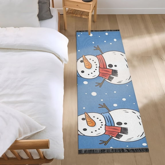 Cute Snowman Hand Painted Style Bedside Runner Rug 2'x 6' Non Slip Carpet Floor Mat Area Rug