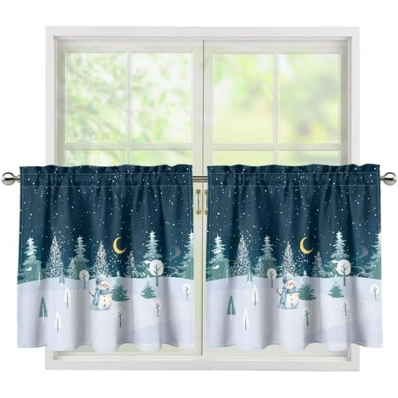 Cute Snowman Kitchen Curtains Snowy Tree Short Cafe Tier Curtains Decor for Living Room,28"X36"