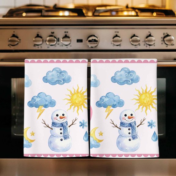 Cute Snowman Kitchen Towels Set of 1, Pink Weather Snowy Rainy Sun Rainbow Absorbent Dish Towels for Kitchen, Microfiber Hand Towel, Quick Drying Tea Towel for Cleaning Decorative Dishcloths