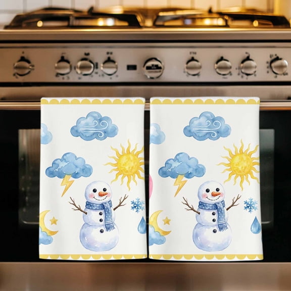 Cute Snowman Kitchen Towels Set of 1, Yellow Weather Snowy Rainy Sun Rainbow Absorbent Dish Towels for Kitchen, Microfiber Hand Towel, Quick Drying Tea Towel for Cleaning Decorative Dishcloths