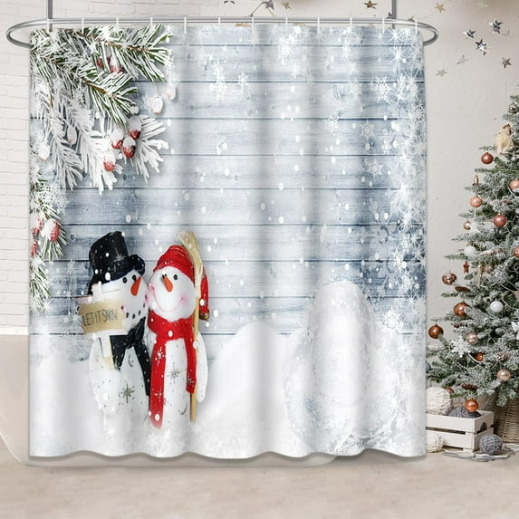 Cute Snowman Looking at Each Other in Snow Shower Curtain, Waterproof Fabric Bathroom Shower Curtain Set with 12 Hooks 72"X72"