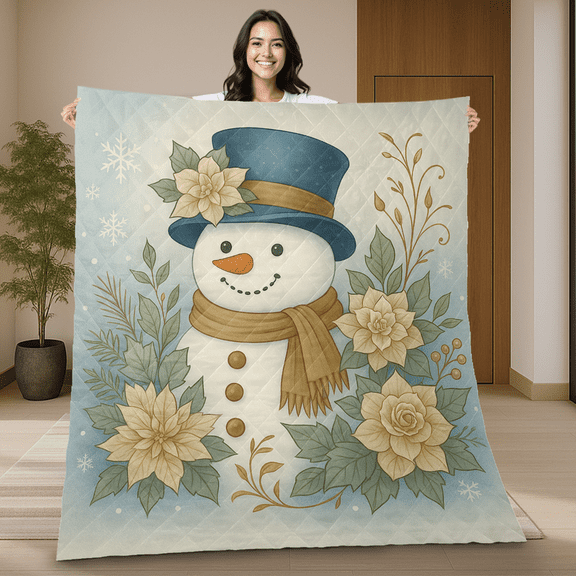 Cute Snowman Merry Christmas Quilt Blanket – Winter Holiday Blanket with Poinsettia Flowers, Festive Seasonal Quilt Home Décor