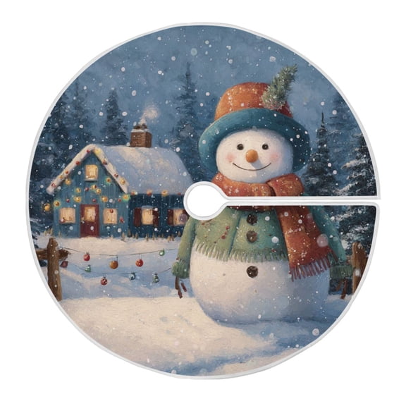 Cute Snowman Outside Cabin Christmas Christmas Tree Skirt Opening Design Floor Mat Holiday Decor 35 inch