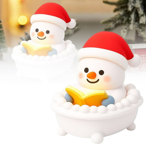 Cute Snowman Reading Book Lamp, Christmas Light Up Snowman Statue, Night Light for Indoor Holiday Decor, Warm Glow Figurine Lamp for Mantel or Table