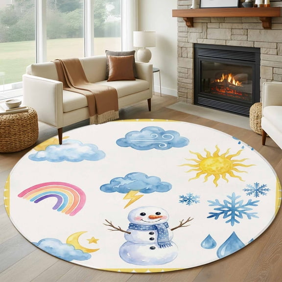 Cute Snowman Round Area Rug 6Ft Washable Circle Rugs for Bathroom Office, Yellow Weather Snowy Rainy Sun Rainbow Non-Slip Carpet Floor Mats Indoor Outdoor Carpet Runner Aesthetic Home Decor