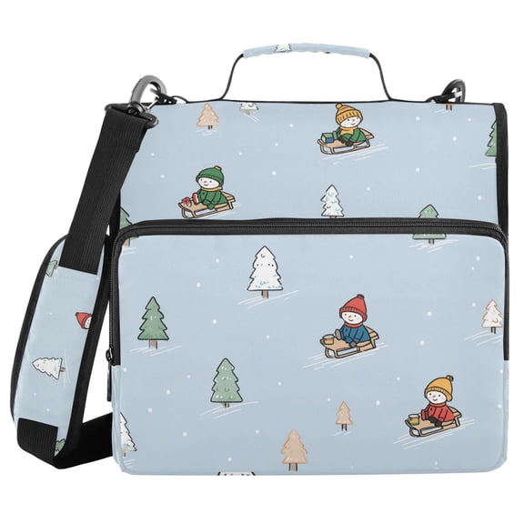 Cute Snowman Sledding Christmas Forest Binder Bag with Shoulder Strap 3 Ring Zipper Binder File Folder Document Storage