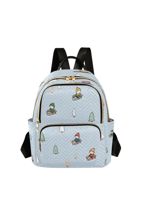 Cute Snowman Sledding Christmas Forest Quilted Backpack Fashion Daypack Commuter Bag for Women 8.5 L