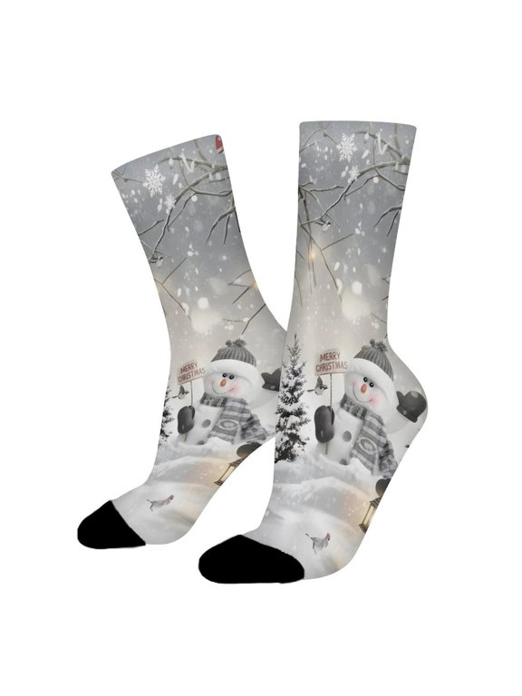 Cute Snowman Snow Forest Pine Tree Scene Funny Novelty Crew Socks for Women Men Sports