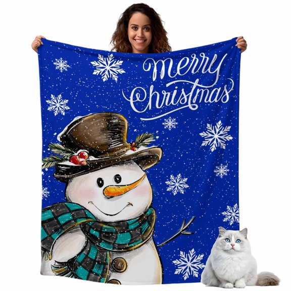 Cute Snowman Snowflakes on Blue Throw Blanket Flannel Fleece Throws, Winter Falling Snow Seamless Lightweight Super Soft Warm Blankets for Couch Sofa Bed All Season Use, 40x50 in