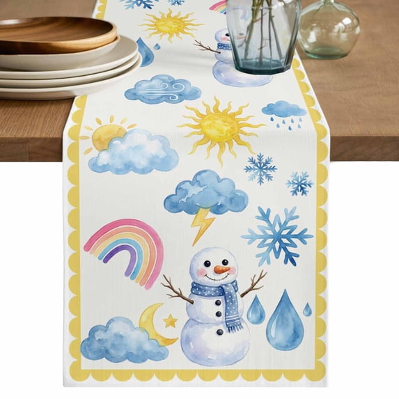 Cute Snowman Table Runner 120 Inches, Yellow Weather Snowy Rainy Sun Rainbow Bed Runner Dresser Scarves Tabletop for Indoor Outdoor Parties/Ceremony/Banquet, 13"x 120"