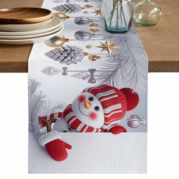 Cute Snowman Table Runner 48 Inches, Christmas Pine Branch Xmas Silver Lightballs Bed Runner Dresser Scarves Tabletop for Indoor Outdoor Parties/Ceremony/Banquet, 13" x 48"