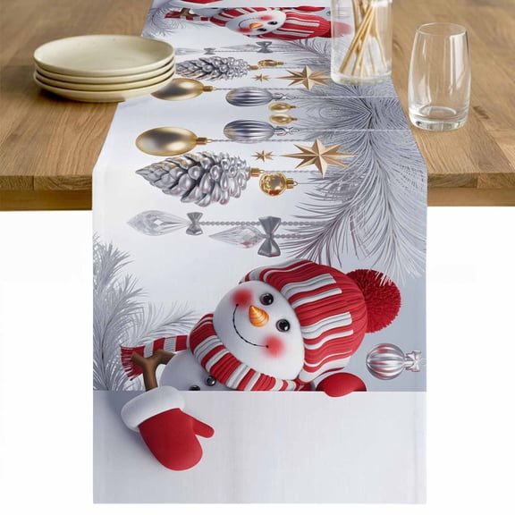 Cute Snowman Table Runner 48 Inches Long Farmhouse Dress Scarves, Christmas Pine Branch Xmas Silver Lightballs Dining Tablerunner for Coffee Table/Kitchen Island/Party Décor, 13" x 48"